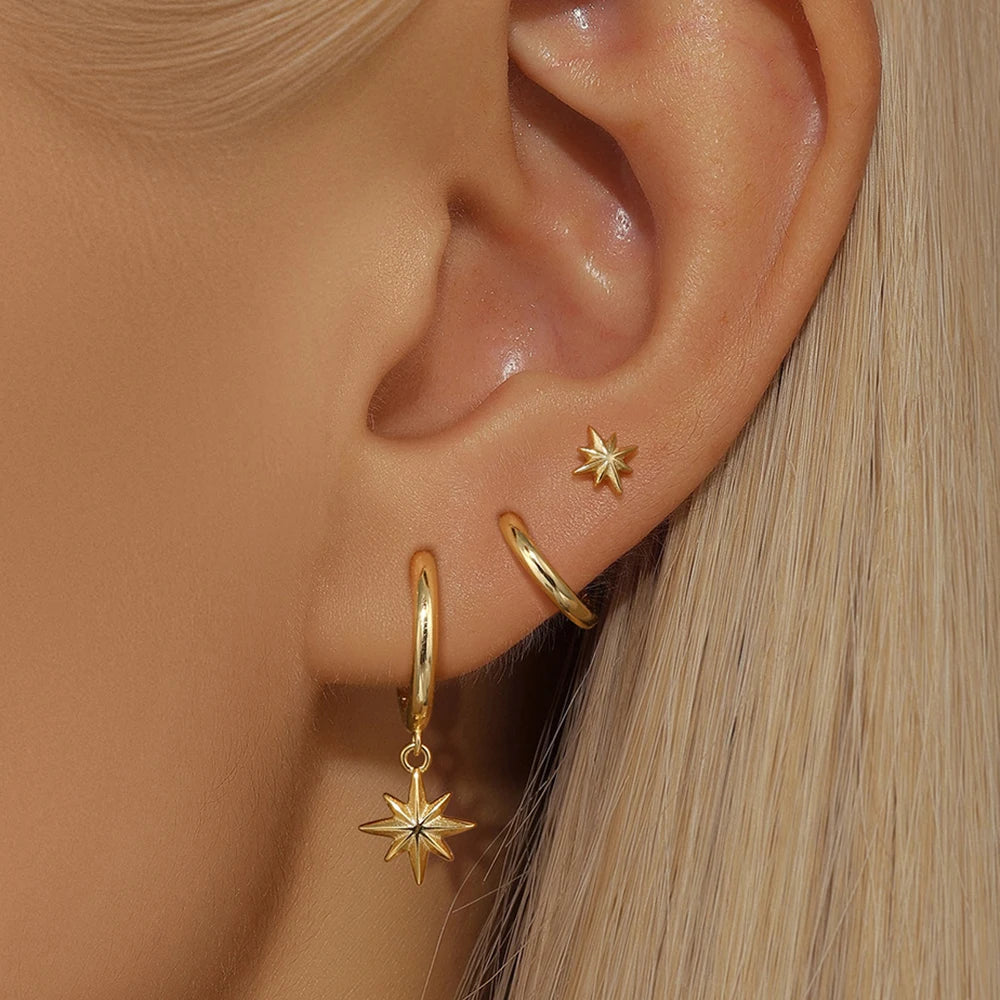 18K Gold Star Dangle Earrings Set