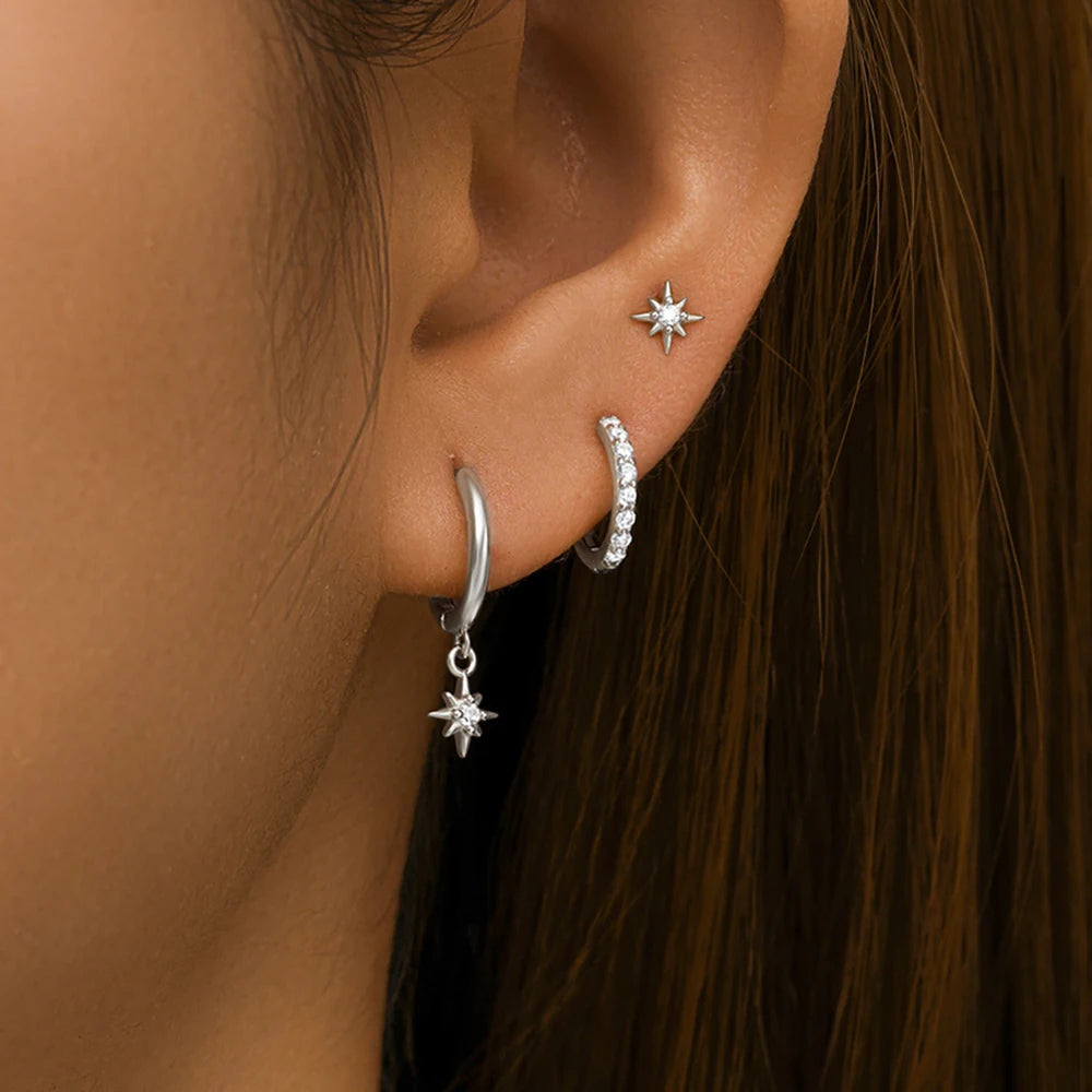 18K Gold Star Dangle Earrings Set
