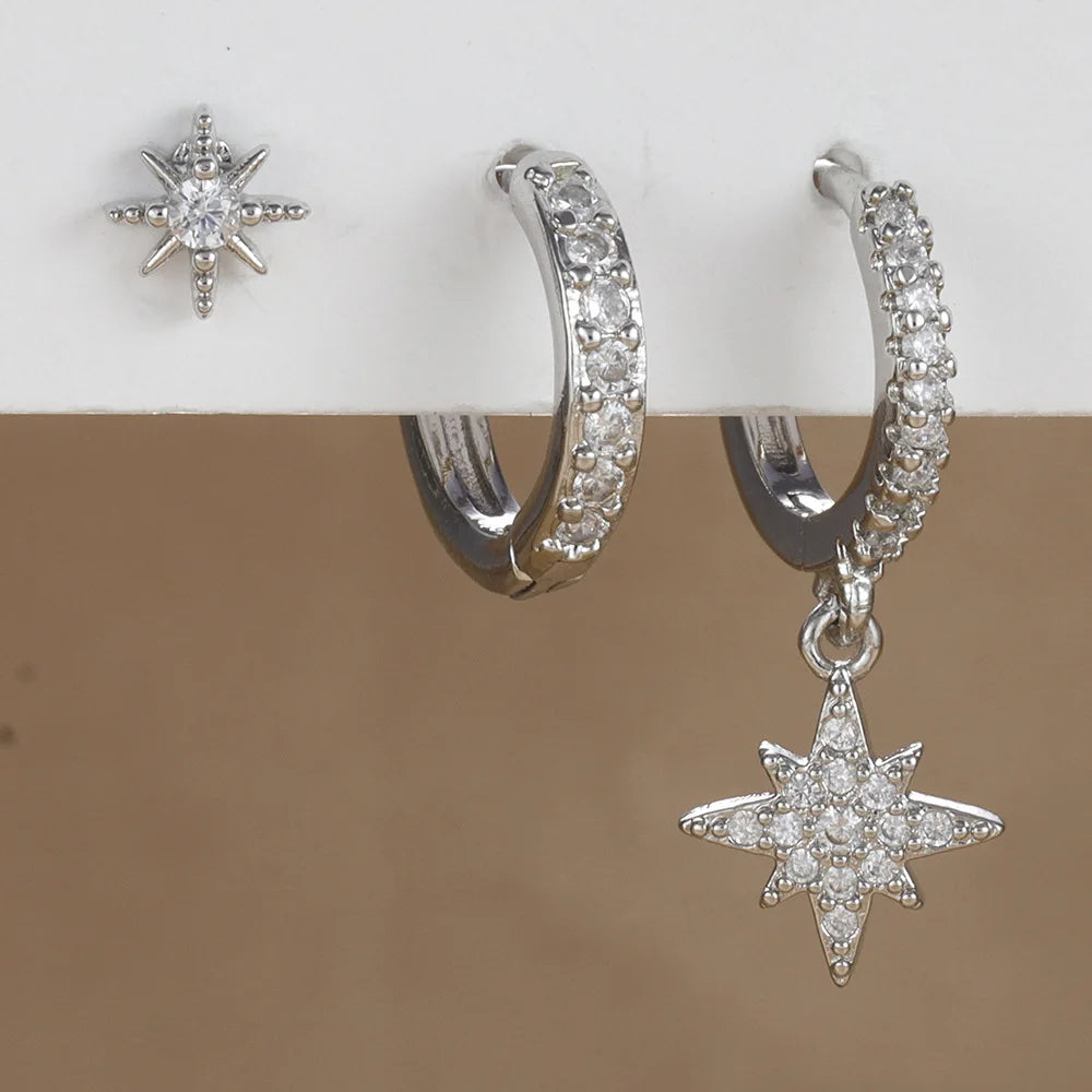 18K Gold Star Dangle Earrings Set