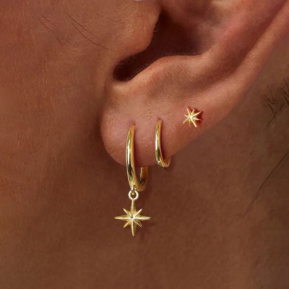 18K Gold Star Dangle Earrings Set