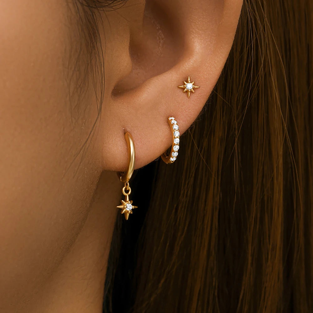 18K Gold Star Dangle Earrings Set