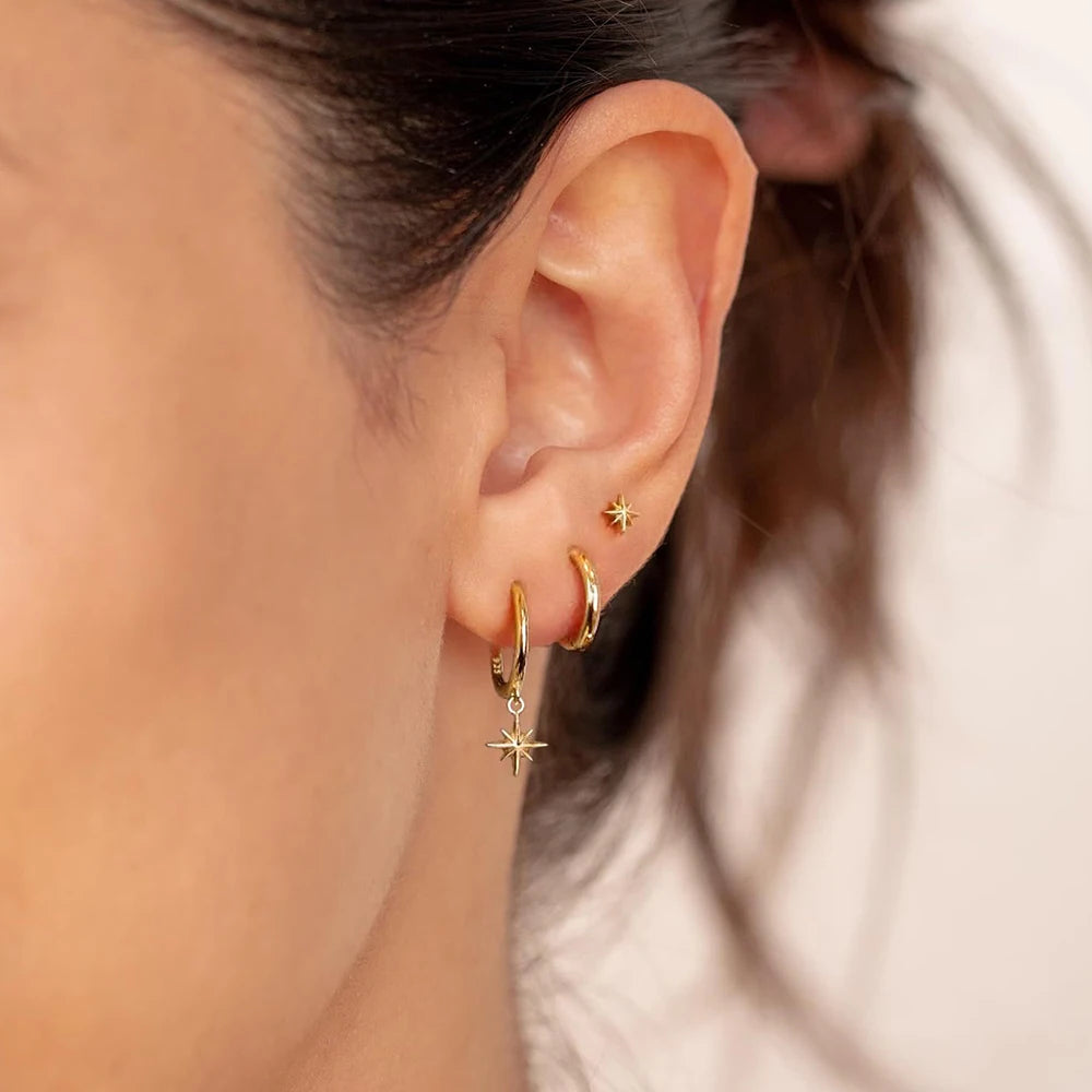 18K Gold Star Dangle Earrings Set