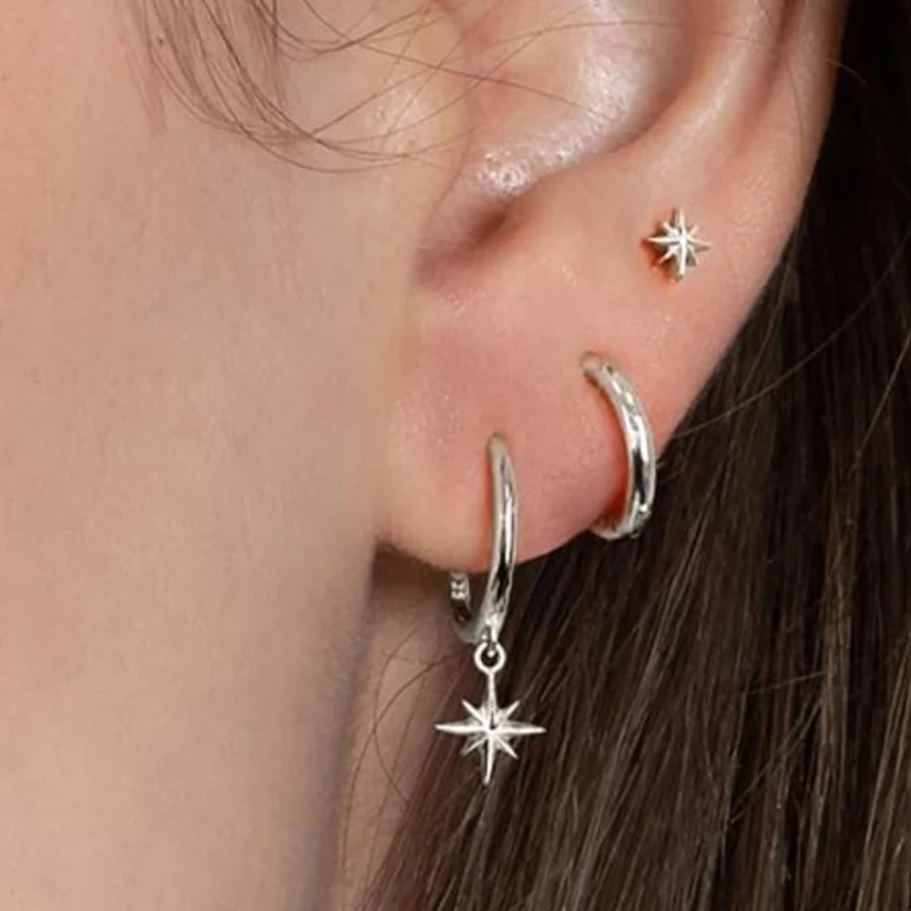 18K Gold Star Dangle Earrings Set