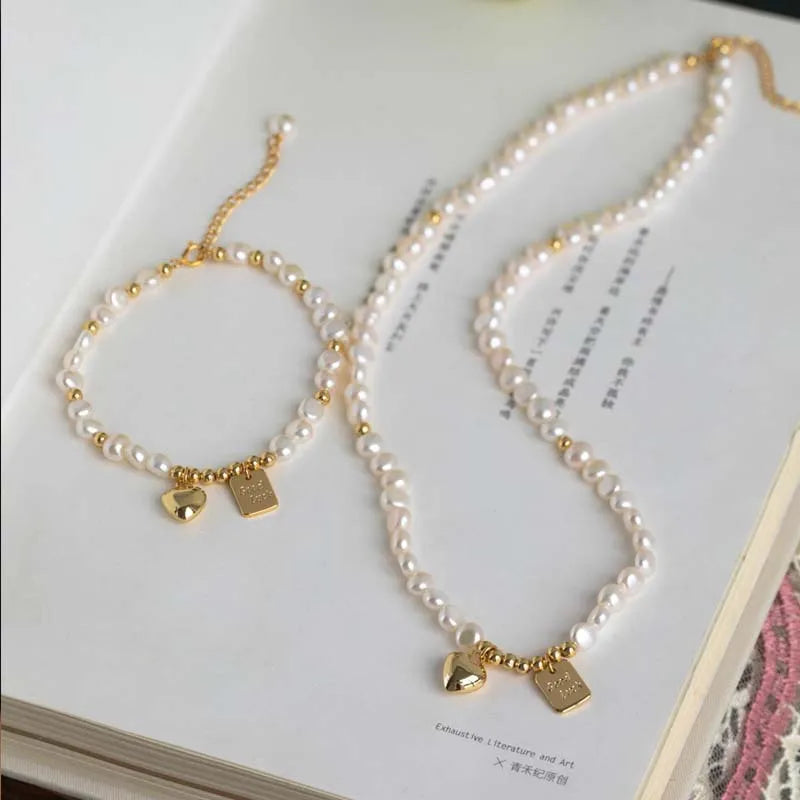 Natural Pearl Heart Necklace & Bracelet Set
