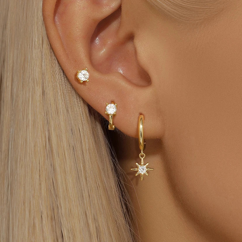 18K Gold Star Dangle Earrings Set