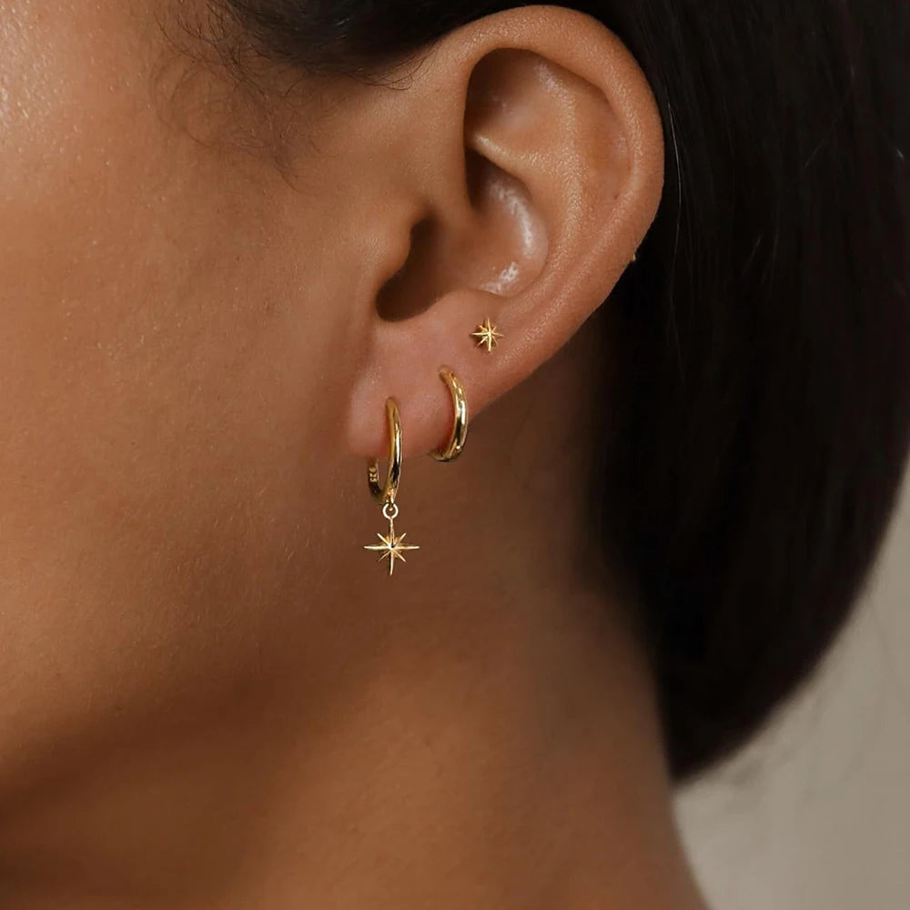 18K Gold Star Dangle Earrings Set