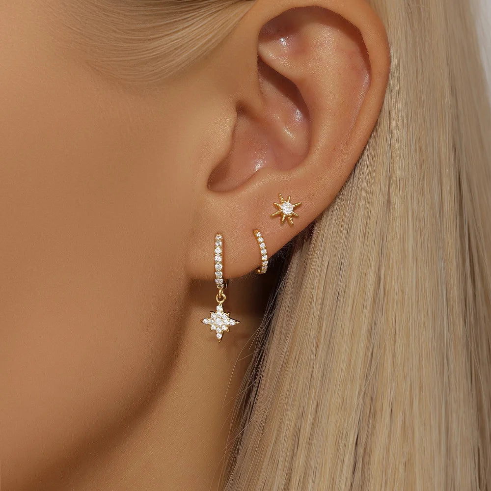 18K Gold Star Dangle Earrings Set